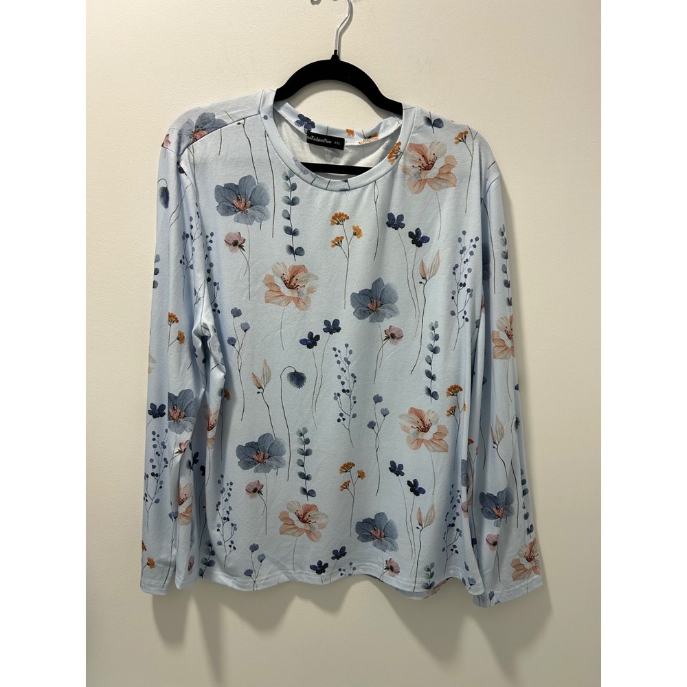 JustFashionNow Womens XXL Blue Floral Long Sleeve Jersey Crewneck Top 1592339